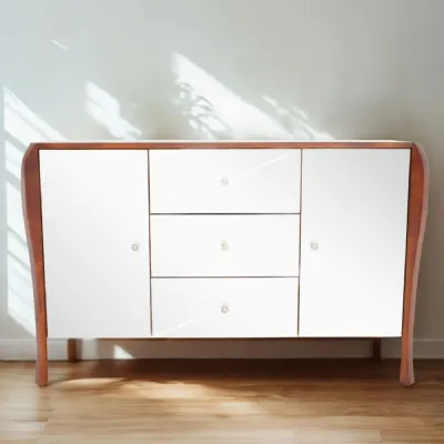 Mirrored Glass 2 Door 3 Drawer Sideboard Stained Wood Frame