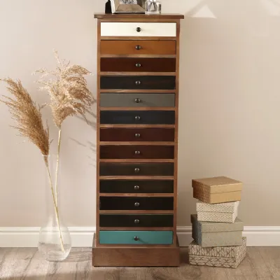 Pine Tall Slim Multicoloured Tallboy Chest of 13 Drawers
