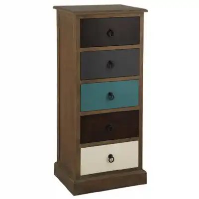 Multi Coloured Pine Narrow Tallboy Chest of 5 Drawers