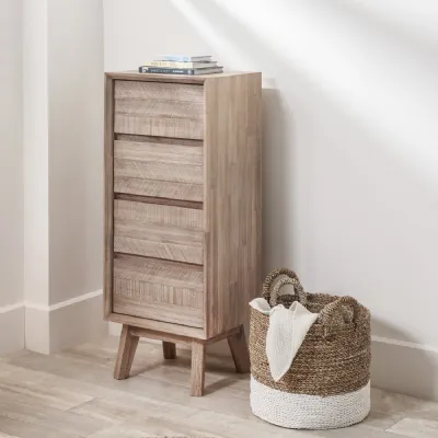 Sand Washed Wooden Tall Boy Chest of 4 Drawers Scandi Style