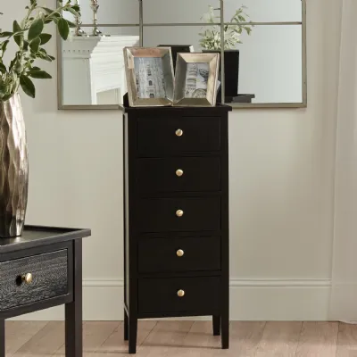 Satin Black Wood Narrow Slim Chest of 5 Drawers Tallboy