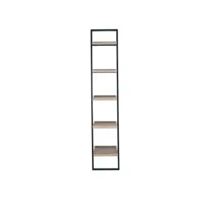 Black Wood and Metal Tall Narrow Bookcase Shelf Unit