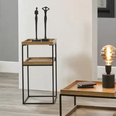 Natural Wood 2 Shelf Side Table Black Metal Framed