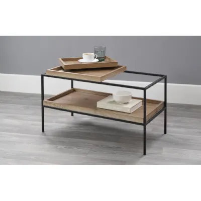 Natural Wood Top Rectangular Coffee Table Black Metal Frame