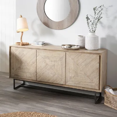 Whitewashed Wooden 3 Door Sideboard with Grey Metal Base