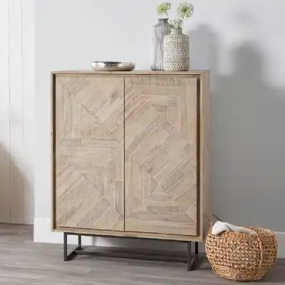 Scandi Whitewash Wood 2 Door Kitchen Bar Cabinet Metal Base