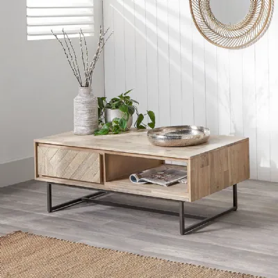 Whitewash Wood 2 Drawer Coffee Table with Metal Frame