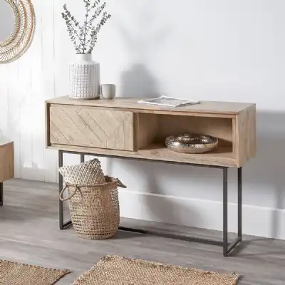 Scandi Whitewash Wood 1 Drawer Console Table Metal Frame