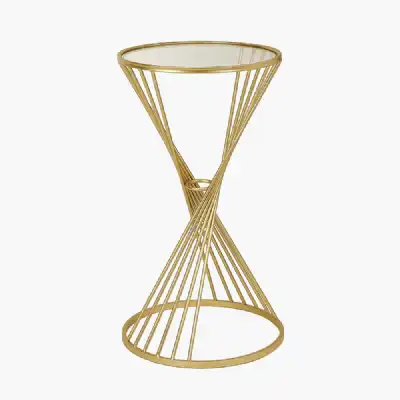 Twisted Gold Metal Glass Top Round Side Table