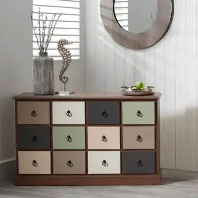 Pine Wood Sage Multicoloured 12 Drawer Chest of Drawers