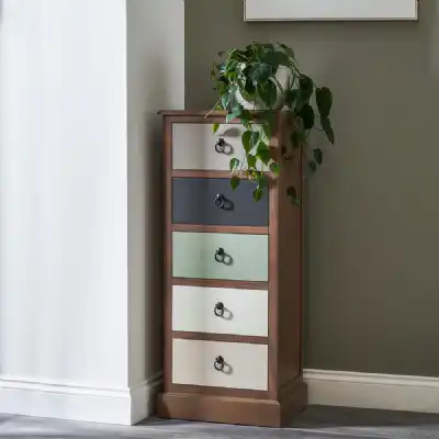 Natural and Sage Multicoloured Pine Wood 5 Drawer Tallboy