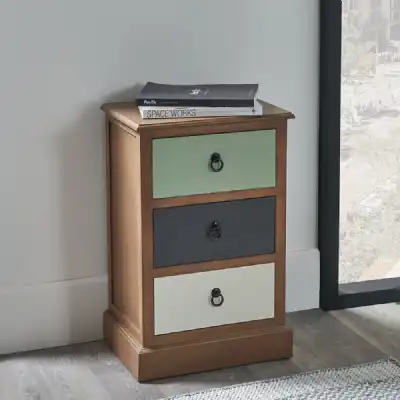Natural and Sage Multicoloured Wood 3 Drawer Bedside Unit