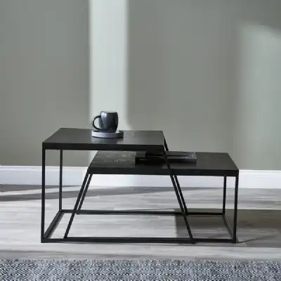 Black Ash Wood Set of 2 Coffee Tables with Black Metal Legs