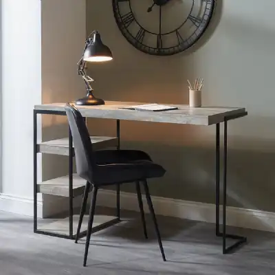 Concrete Effect Wooden 3 Shelf Desk Matt Black Iron Frame