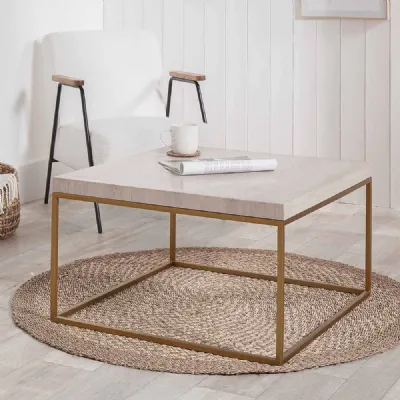 Beige Granite Top Square Coffee Table Burnished Gold Base