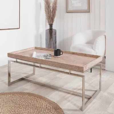 Natural Mango Wood Top Coffee Table Silver Metal Base