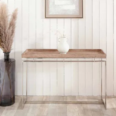 Natural Mango Wood Top Console Table Silver Metal Frame