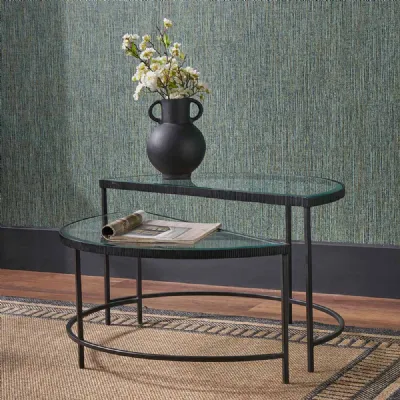Clear Glass Half Moon Coffee Tables Metal Frame Set of 2