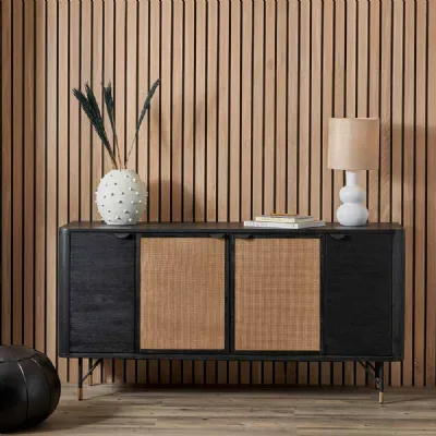 Black Acacia Wood 4 Door Wide Sideboard Natural Rattan Front
