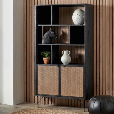 Black Acacia Wood 2 Door 6 Niche Shelf Unit Metal Legs