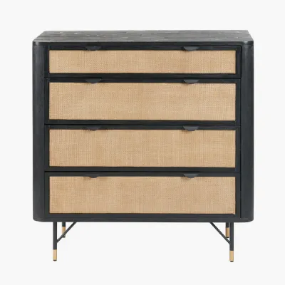 Fiji Black Acacia Wood and Natural Rattan 4 Drawer Unit