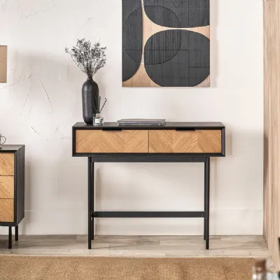 Black Pine Wood 2 Drawer Console Table Chevron Oak Front