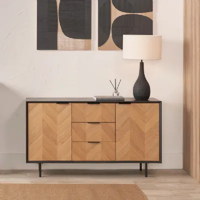 Black and Natural Chevron Wooden 2 Door 3 Drawer Sideboard