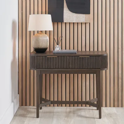 Dark Brown Pine Wood 2 Drawer Console Table Ribbed Oak Front