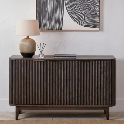 Dark Brown Ribbed Oak and Pine Wood 3 Door Sideboard
