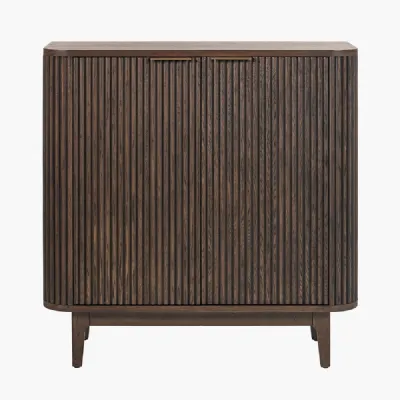 Raie Dark Brown Ribbed Oak and Pine Wood 2 Door Bar Cabinet