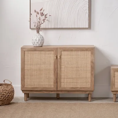 Natural Wood 2 Door Sideboard Rattan Front