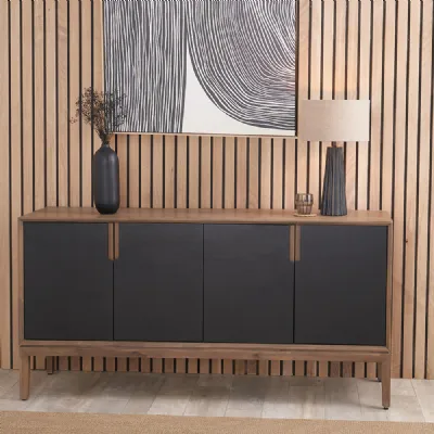 Black and Natural Acacia Wood 4 Door Wide Sideboard