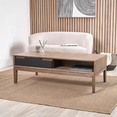 Black and Natural Acacia Wood 2 Drawer Low Coffee Table