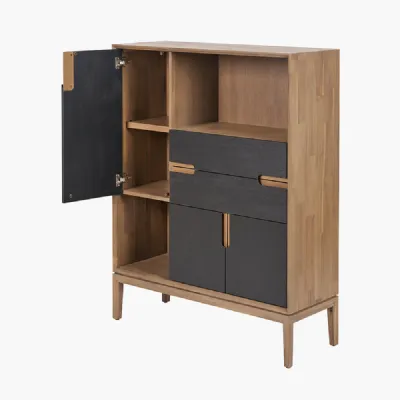 Black and Natural Wood 3 Door 2 Drawer Display Shelving Unit