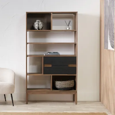Black and Natural Wood 2 Drawer 7 Niche Shelving Unit