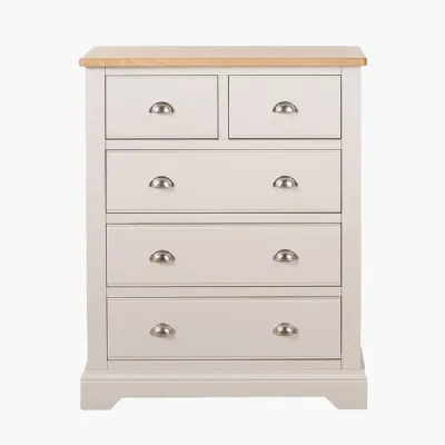 Fairford Parchment White Pine and Oak Wood Chest of 5 Drawers