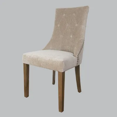 Latte Chenille Fabric Buttoned Dining Chair with Wooden Legs
