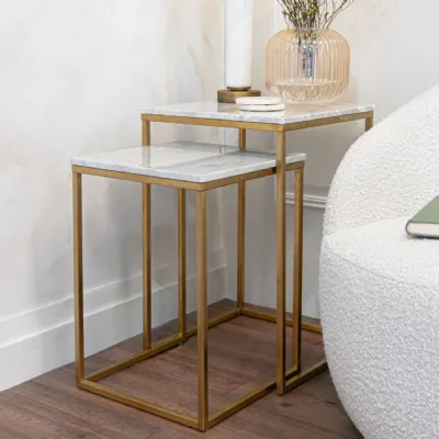 White Marble Top Nest of Tables Brushed Metal Base