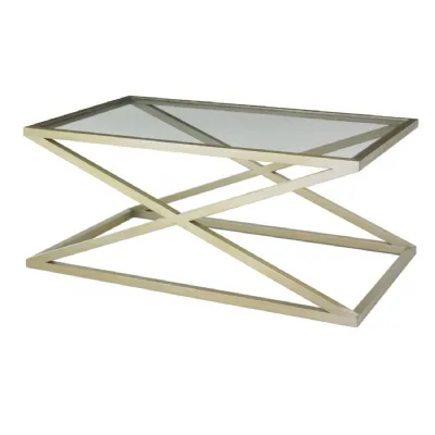 Clear Glass Top Coffee Table with X Shaped Champagne Frame