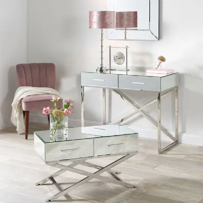 Silver Mirrored Glass Coffee Table Cross Design Metal Legs