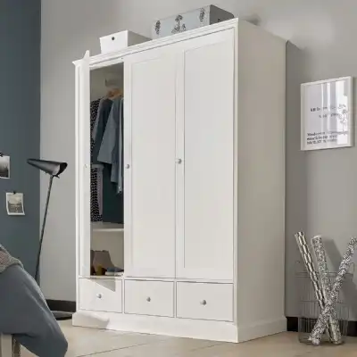 Tall Large White Painted Triple Wardrobe 3 Doors 3 Drawers