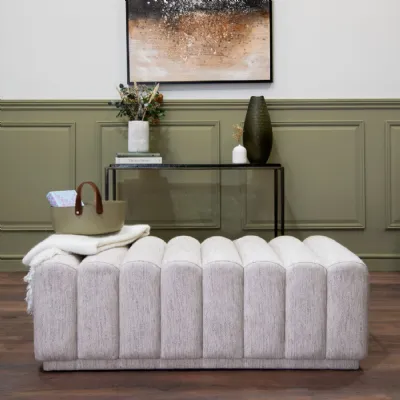 Cream Boucle Fabric Ottoman Channel Tufted Design