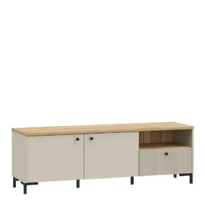 Bixbite Wide TV Unit with Fluted Drawer, Open Shelf & Cupboard in Mauvella Oak and Sand