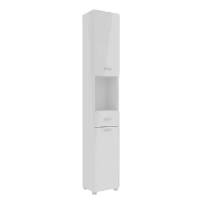Ice Cave Narrow Bathroom Storage Cabinet with 2 Doors & 1 Drawer with Silver Handles in White with White High Gloss Fronts
