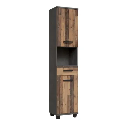 Veris Tall Narrow Bathroom Cupboard with 2 Doors & 1 Drawer in Walnut and Dark Grey
