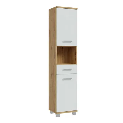 Veris Tall Narrow Bathroom Cupboard with 2 Doors & 1 Drawer in Sonoma Oak and White Gloss