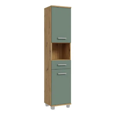 Veris Tall Narrow Bathroom Cupboard with 2 Doors & 1 Drawer in Artisan Oak and Sage Green