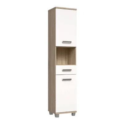 Veris Tall Narrow Bathroom Cupboard with 2 Doors & 1 Drawer in Sonoma Oak and White High Gloss