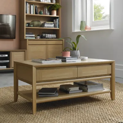Large Oak Rectangular Coffee Table with 2 Drawers and Shelf