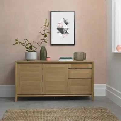 Scandi Oak Wide Sideboard 2 Doors 3 Drawers